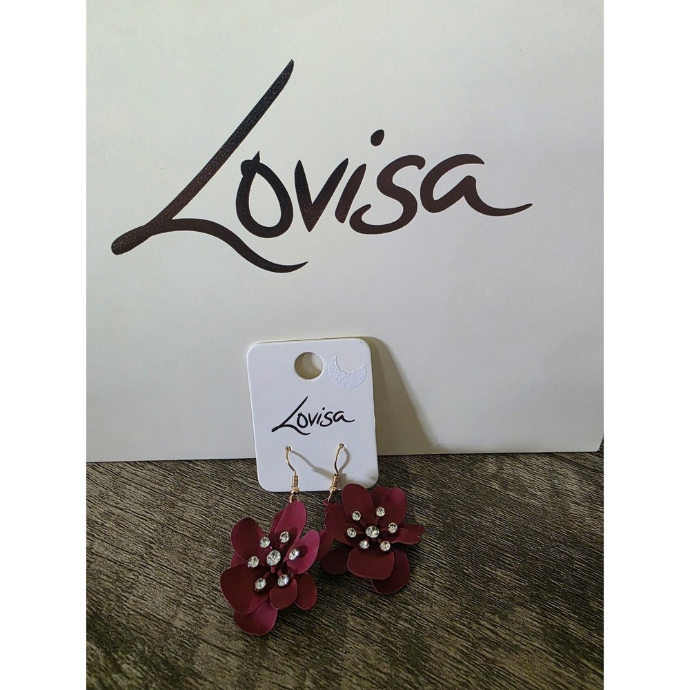 Lovisa Burgundy Matte Flower Drop Earrings Gold Tone Rhinestone Floral Statement